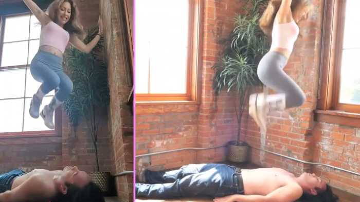 漂亮女友瑜伽裤AJ白袜踩踏健身跳踩男友 全体重踩踏人肉地毯 JS250816~3